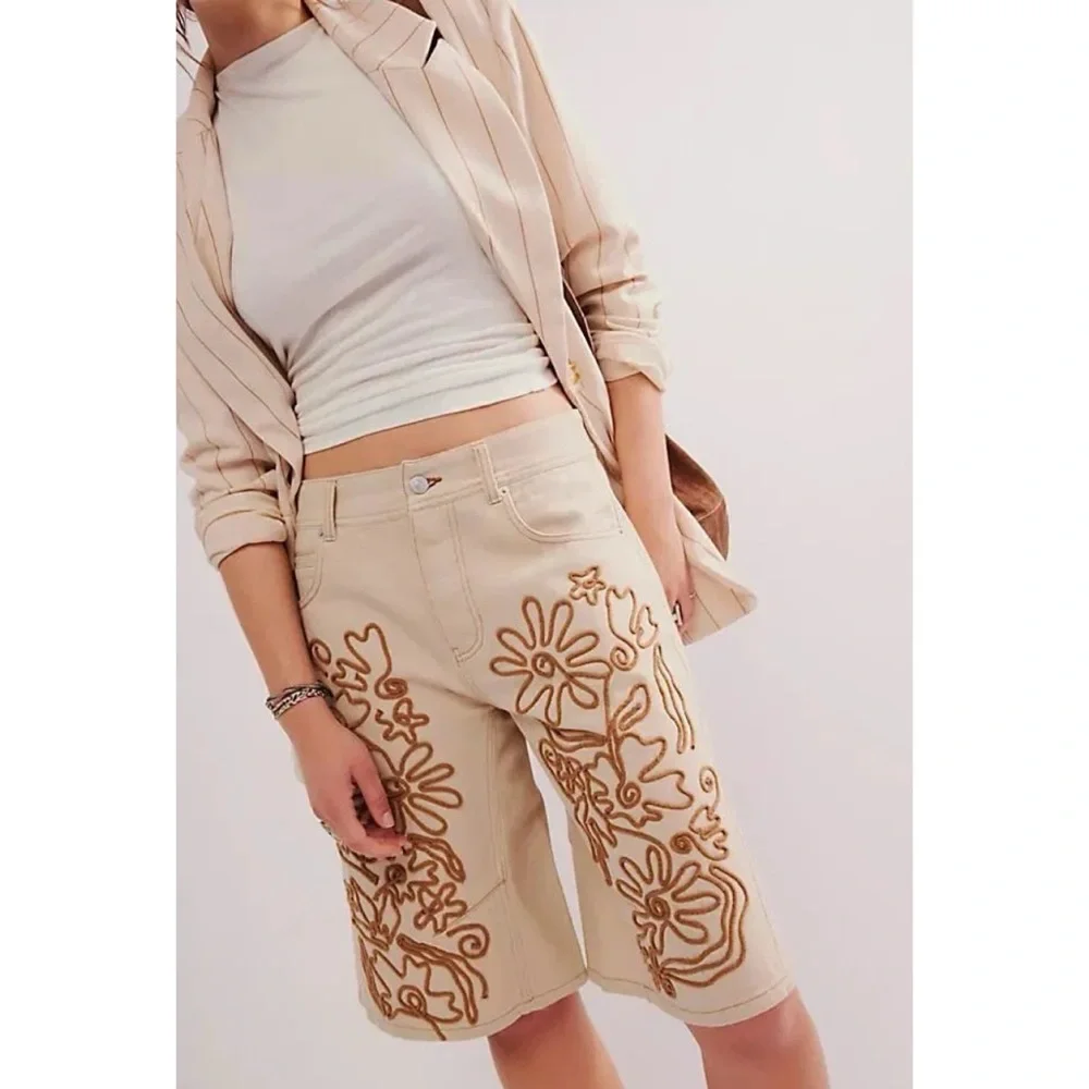Free People Cruisin Soutache Long Jean Shorts Cream 32